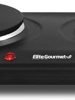 Elite Gourmet EDB-302BF Countertop Double Cast Iron Burner, 1500 Watts Electric Hot Plate, Temperature Controls, Power Indicator Lights, Easy to Clean, Black