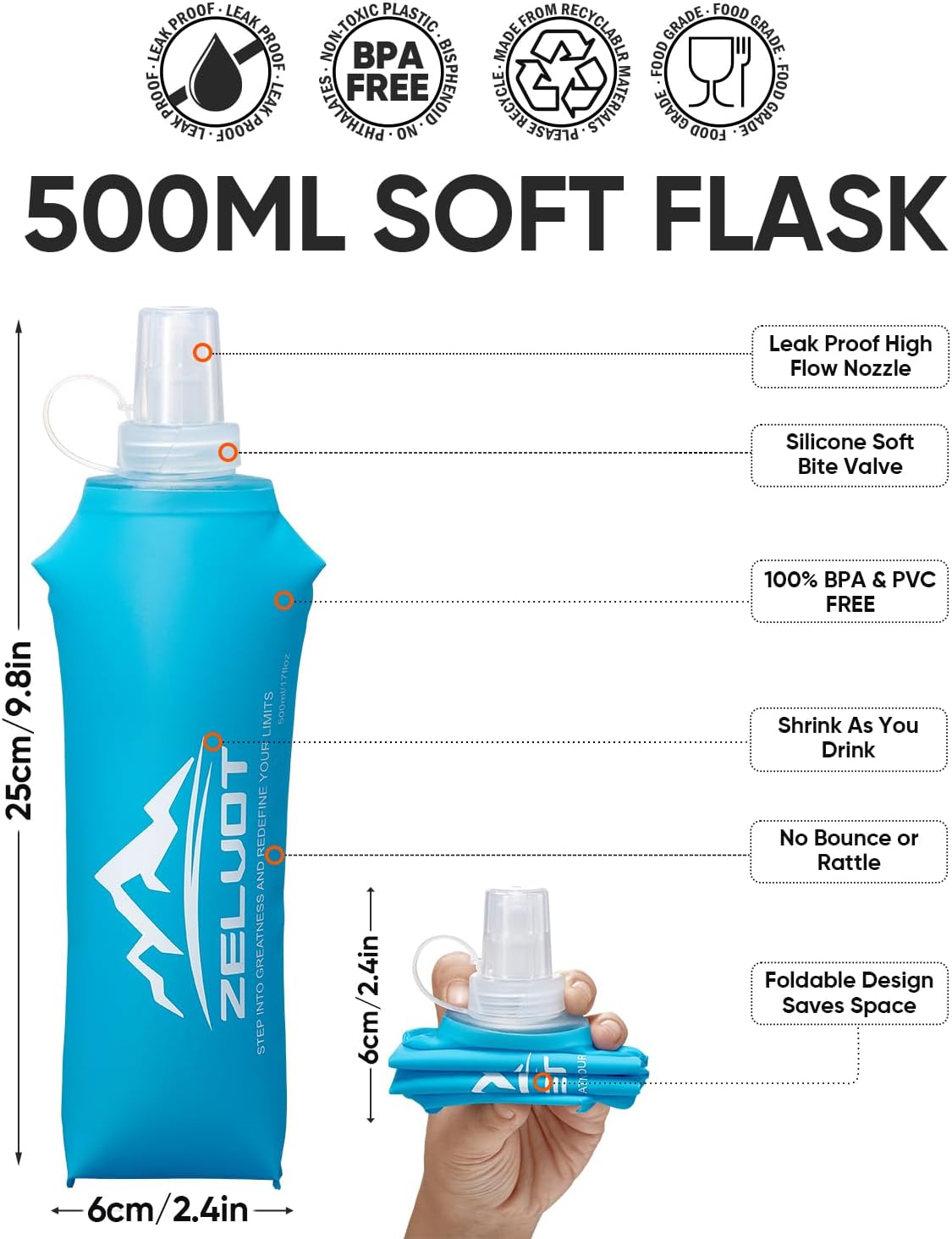 Running Vest Soft Flask, BPA-Free 500ml Collapsible Water Bottle for Hydration Backpack, Folding Running Water Bottle for Running Hiking Cycling Climbing (Pink, 500 ML) - Image 4