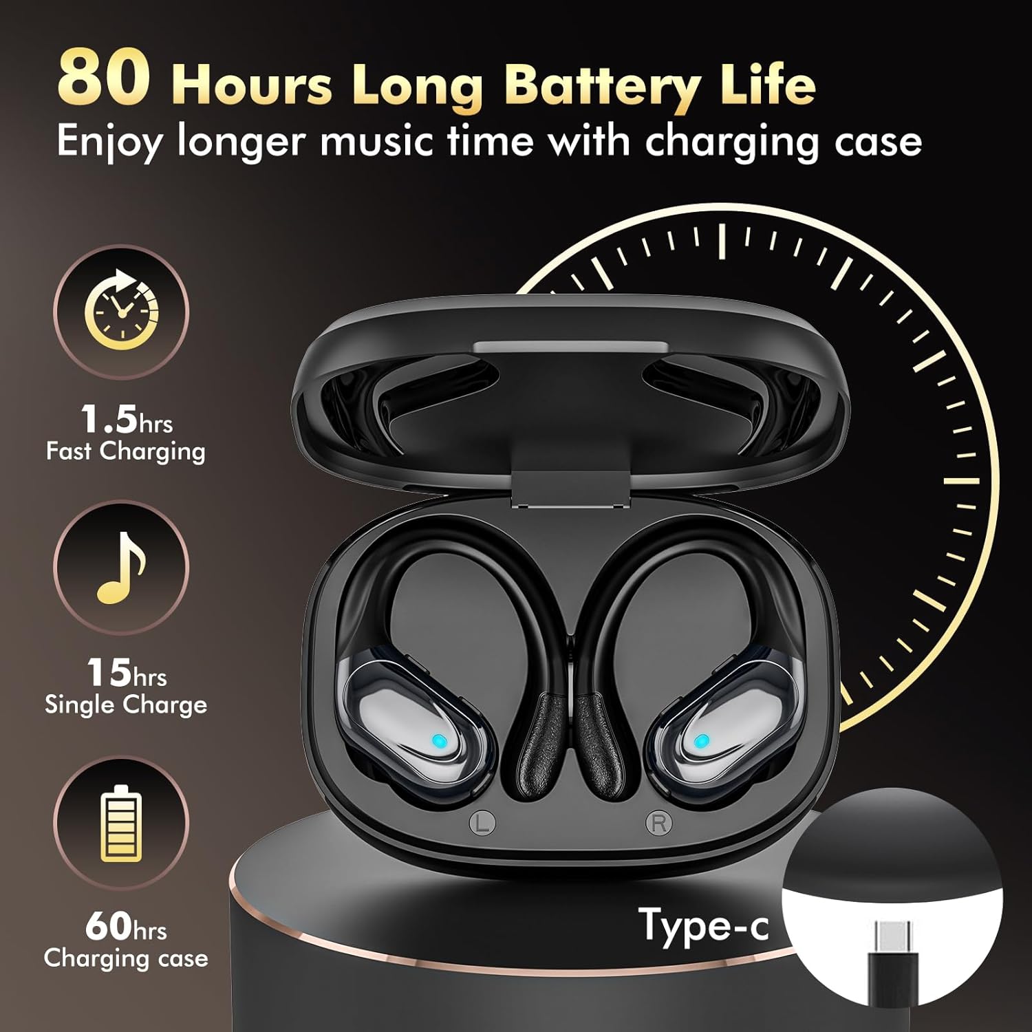 Wireless Earbuds Bluetooth Headphones 80hrs Playback Ear Buds Power Display with Noise Canceling Mic Headsets for Sports/Workout/Running Black - Image 2