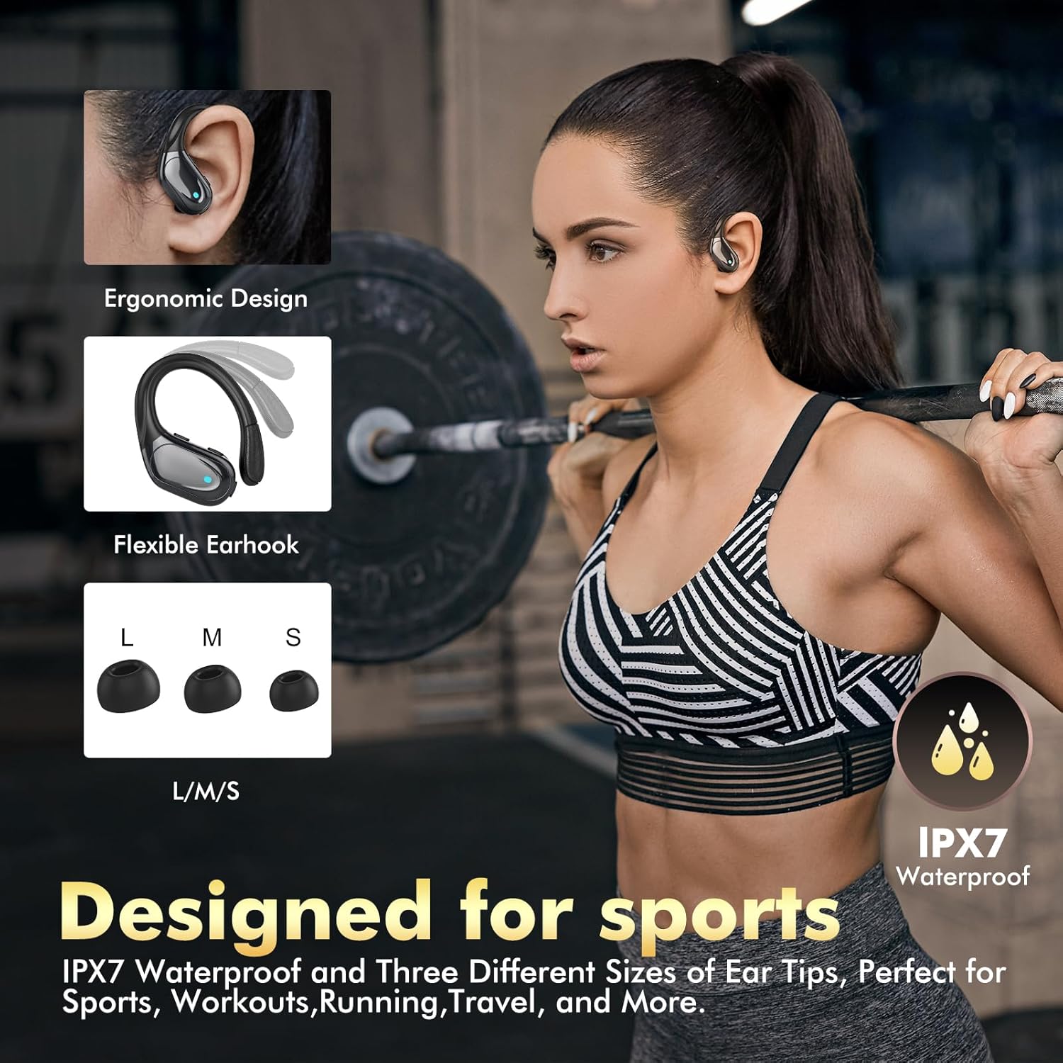 Wireless Earbuds Bluetooth Headphones 80hrs Playback Ear Buds Power Display with Noise Canceling Mic Headsets for Sports/Workout/Running Black - Image 5
